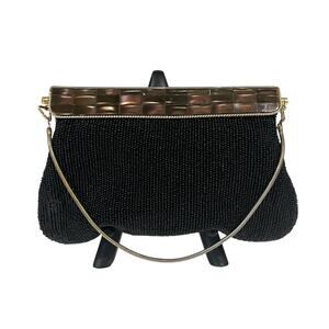 Vintage Black Beaded Evening Purse Clutch Handbag Amber Abalone Shell Clasp